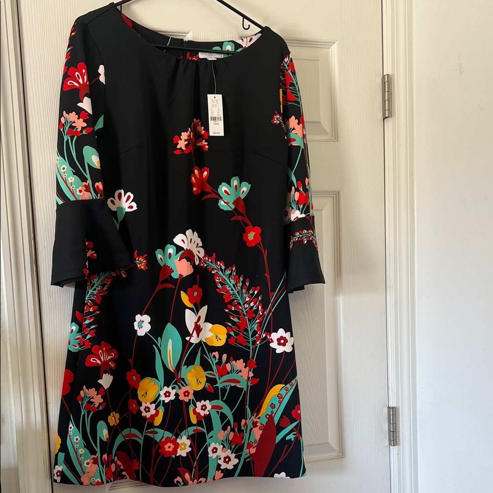 New York & Company Black Floral Long Sleeve Dress